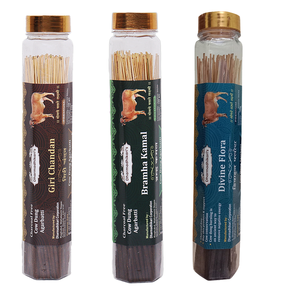 Combo of 3 Giri Chandan Bramha Kamal Divine Flora Cow Dung Agarbatti Incense Sticks Combo Pack of 3 Each 100 Gm