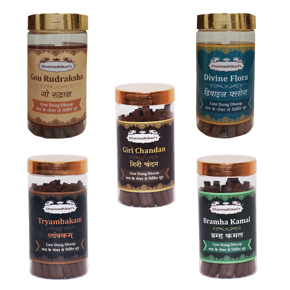 Combo of 5 Gou Rudraksha Divine Flora Giri Chandan Tryambakam Bramha Kamal Cow Dung Dhoop Sticks Combo Pack of 5 Each 100 Gm