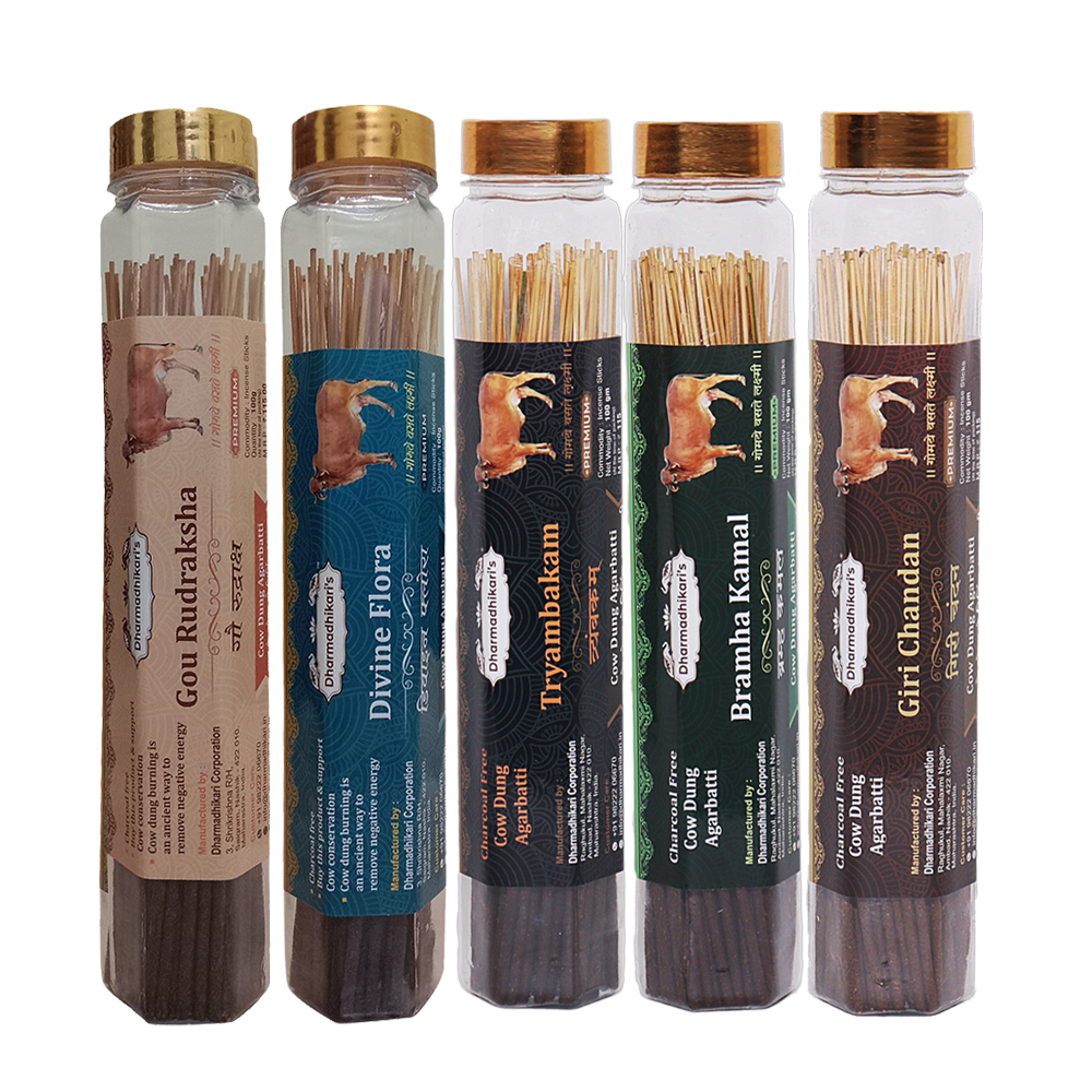 Combo of 5 Gou Rudraksha Divine Flora Tryambakam Bramha Kamal Giri Chandan Cow Dung Agarbatti Incense Sticks Combo Pack of 5 Each 100 Gm